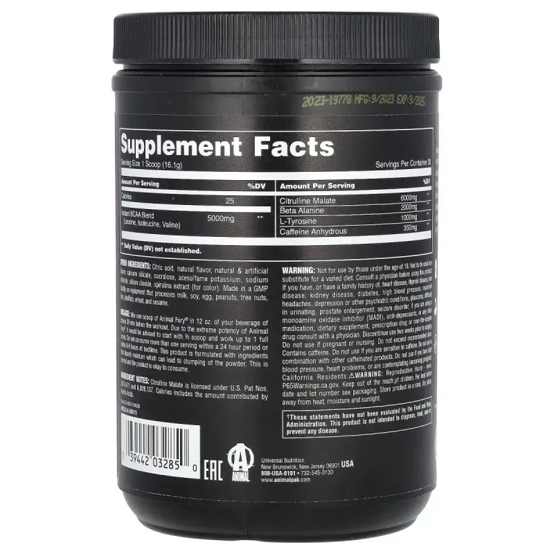 Animal, Fury® Essentials, морозиво для передтренувальних прийомів, 483 г (1,06 фунта)