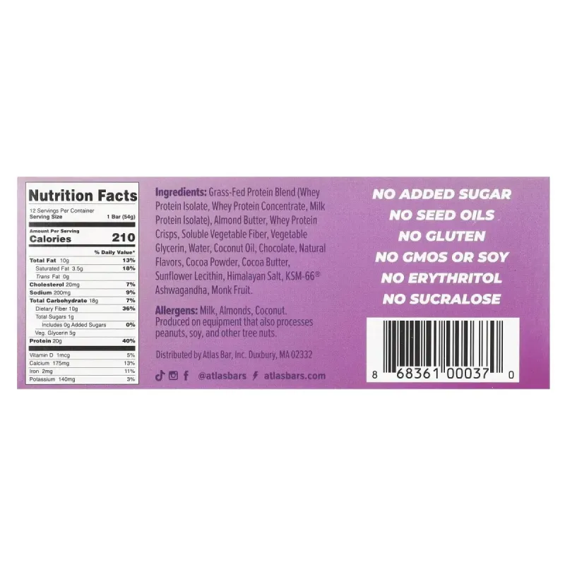 Atlas Bar, Grass-Fed Whey Protein Bar, Dark Chocolate Almond, 12 Bars, 1.9 oz (54 g) Each