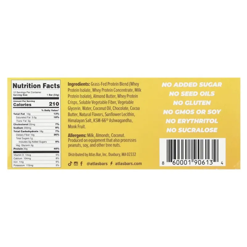 Atlas Bar, Grass-Fed Whey Protein Bar, Almond Chocolate Chip, 12 Bars, 1.9 oz (54 g) Each