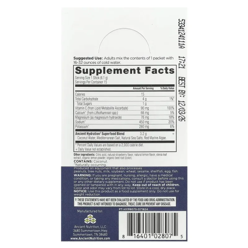 Ancient Nutrition, Rapid Hydration, Strawberry Lemonade, 15 On-The-Go Stick Packs, 0.2 oz (6.1 g) Each