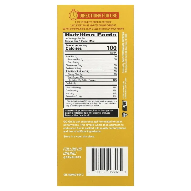 BPN, Go Gel, гель для повышения выносливости, со вкусом манго, 10 пакетиков по 41 г (1,45 унции)