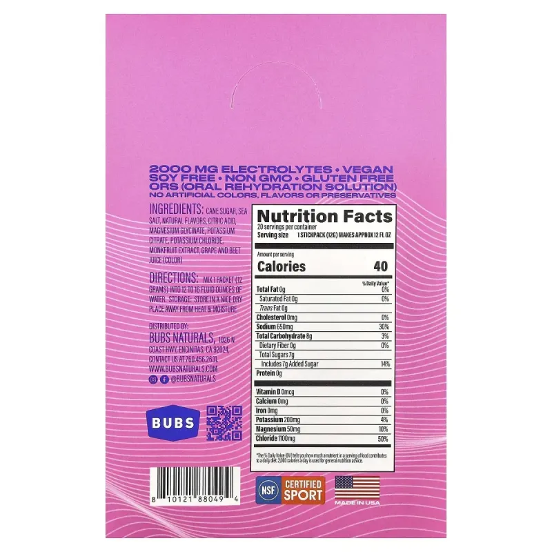 BUBS Naturals, Hydrate or Die®, суміш для напоїв із електролітами, ягідна суміш, 20 пакетиків по 12,3 г (0,43 унції)