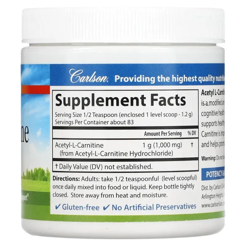 Ацетілкарнітін, амінокислотний порошок, Carlson Labs, 3,53 унц (100 г)