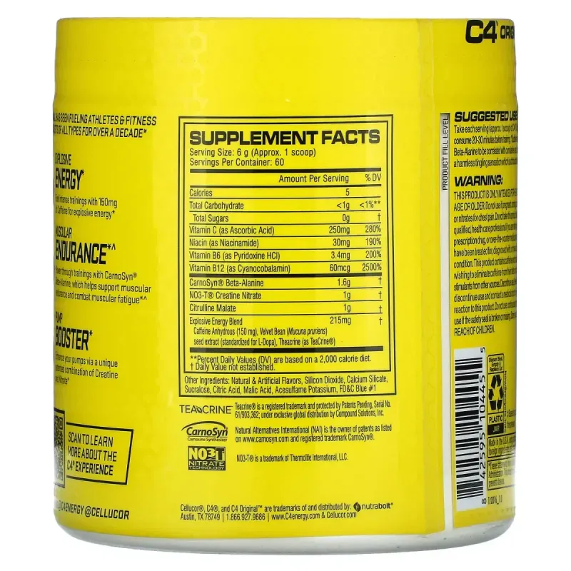 C4 Оригинальный Взрывной, Предтренировочная формула, Ледяная голубая малина, Cellucor, 390 г