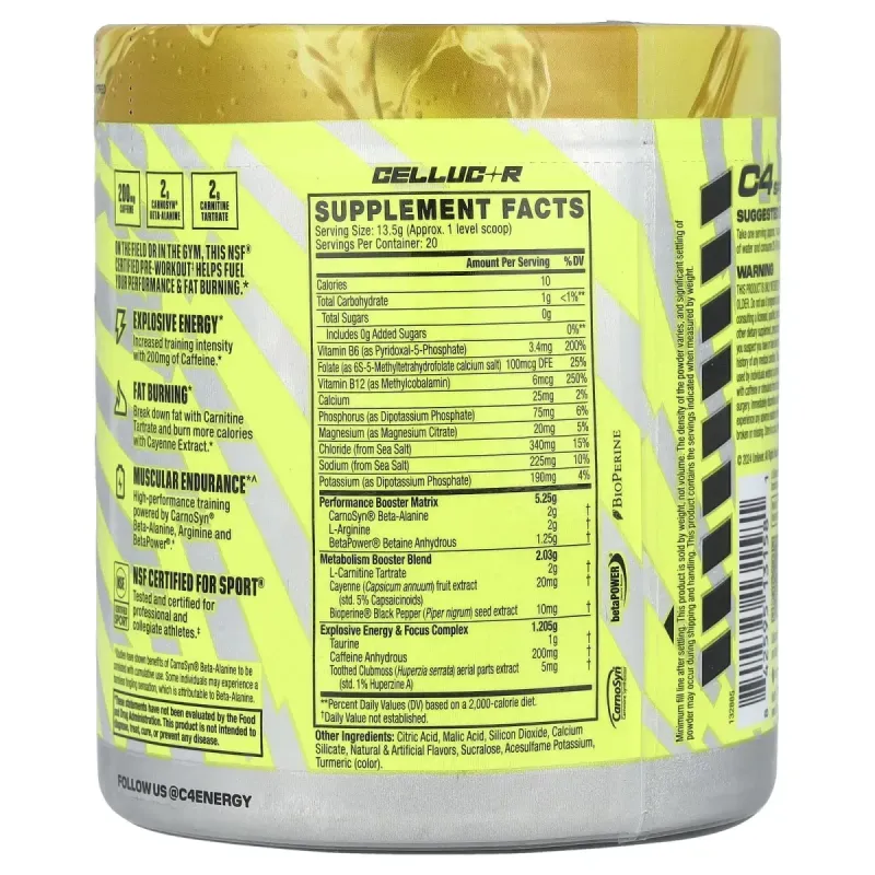 Cellucor, C4 Sport, передтренувальний прийом, Popsicle®, гавайський ананас, 270 г (9,5 унції)