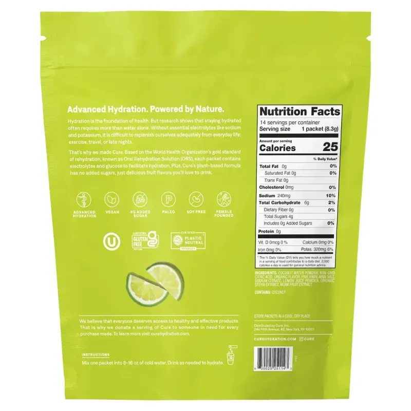 Cure Hydration, зволожувальна суміш із електролітами, лайм, 14 пакетиків по 8,3 г (0,29 унції)