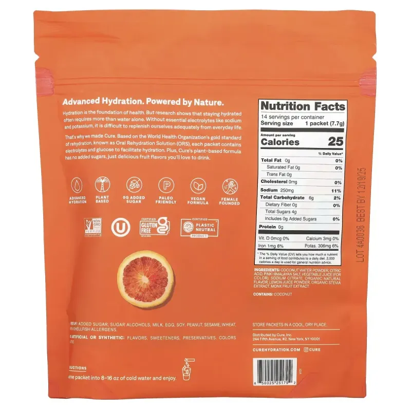 Cure Hydration, суміш для приготування напою з електролітами, червоний апельсин, 14 пакетиків по 7,7 г (0,27 унції)