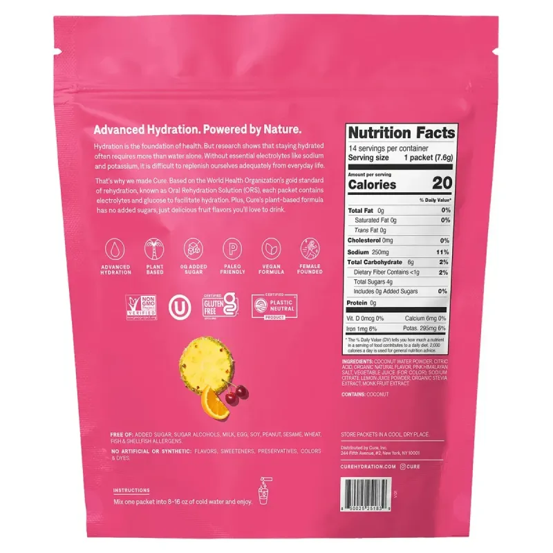 Cure Hydration, Electrolyte Drink Mix, Tropical Punch, 14 Packets, 0.27 oz (7.6 g) Each