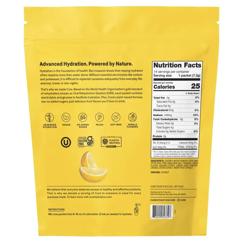 Увлажняющая смесь, главный отжим с лимоном, Hydration Mix, Main Squeeze Lemon, Cure Hydration, 14 упаковок по 9,5 г (0,34 унции) каждая