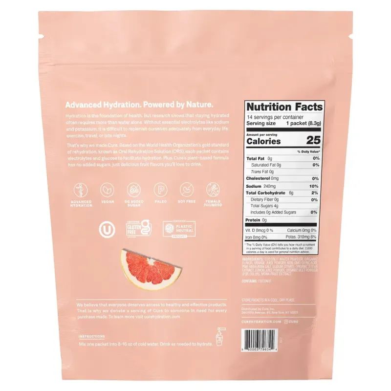 Cure Hydration, зволожувальна суміш із електролітами, зі смаком грейпфрута, 14 пакетиків по 8,3 г (0,29 унції)