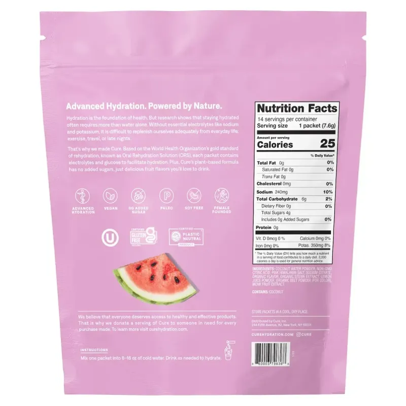 Cure Hydration, зволожувальна суміш із електролітами, кавун, 14 пакетиків по 7,6 г (0,27 унції)