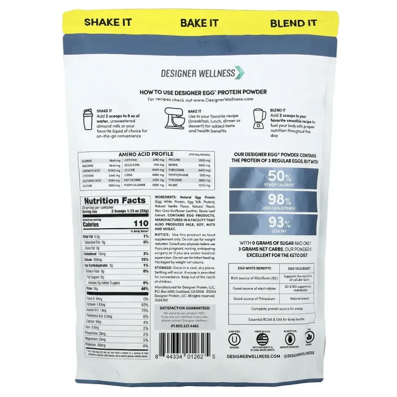 Designer Wellness, Designer Egg®, многофункциональный протеиновый порошок из цельного яйца, классическая ваниль, 704 г (1,55 фунта)