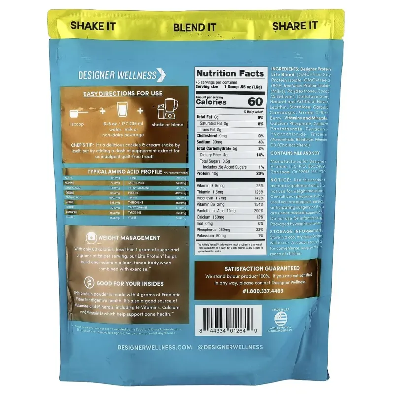 Designer Wellness, Designer Lite®, растительный и сывороточный протеиновый порошок, шоколадное печенье и крем, 720 г (1,6 фунта)