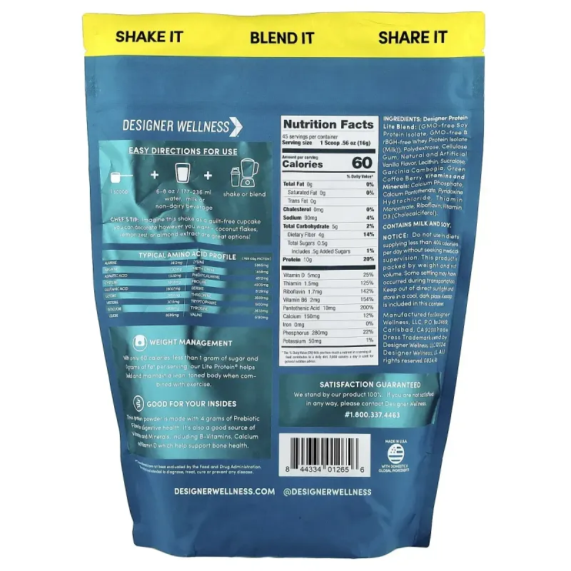 Designer Wellness, Designer Lite®, порошок из растительного и сывороточного протеина, со вкусом ванильного кекса, 720 г (1,6 фунта)