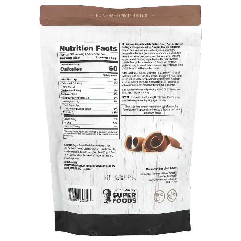 3 порошка протеина семян, шоколад, Super Foods, 3 Seed Protein Powder, Chocolate, Dr. Murray's, 453.5 г