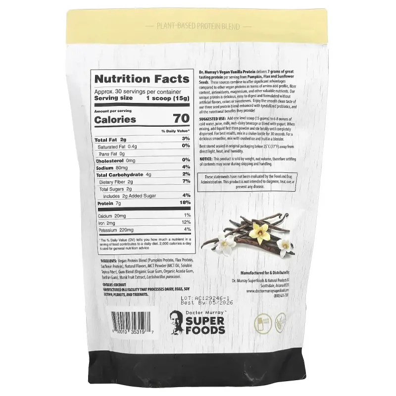3 порошка протеина семян, ваниль, Super Foods, 3 Seed Protein Powder, Vanilla, Dr. Murray's, 453.5 г
