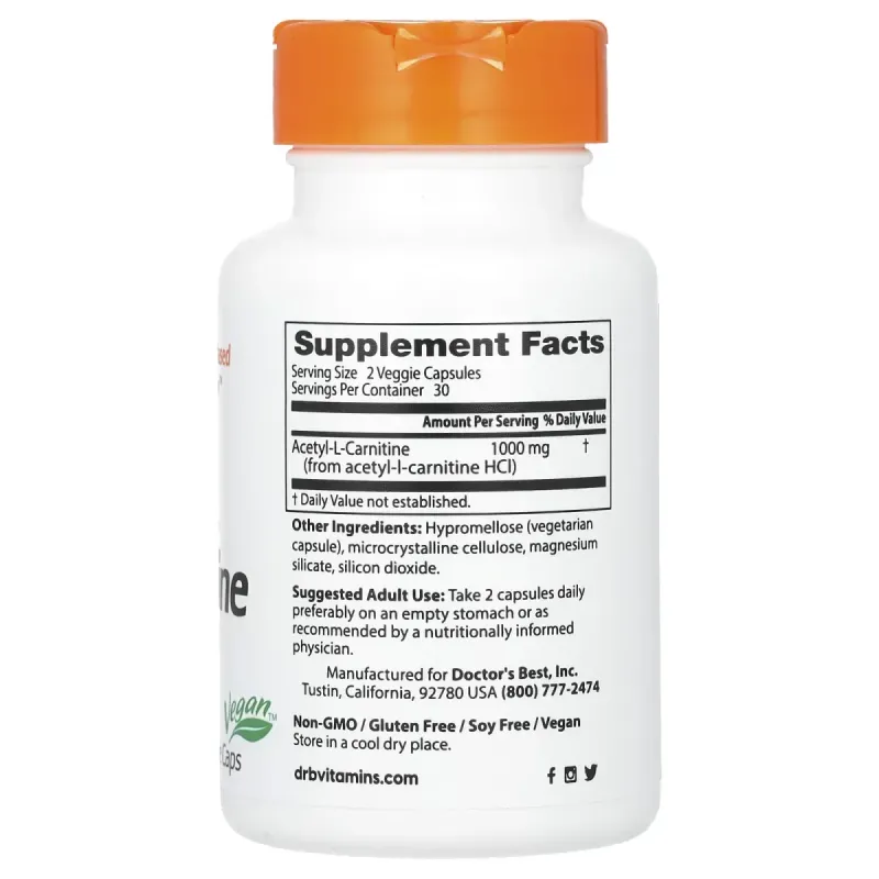 Ацетил карнитин Doctor's Best (Acetyl-L-Carnitine) 500 мг 60 капсул