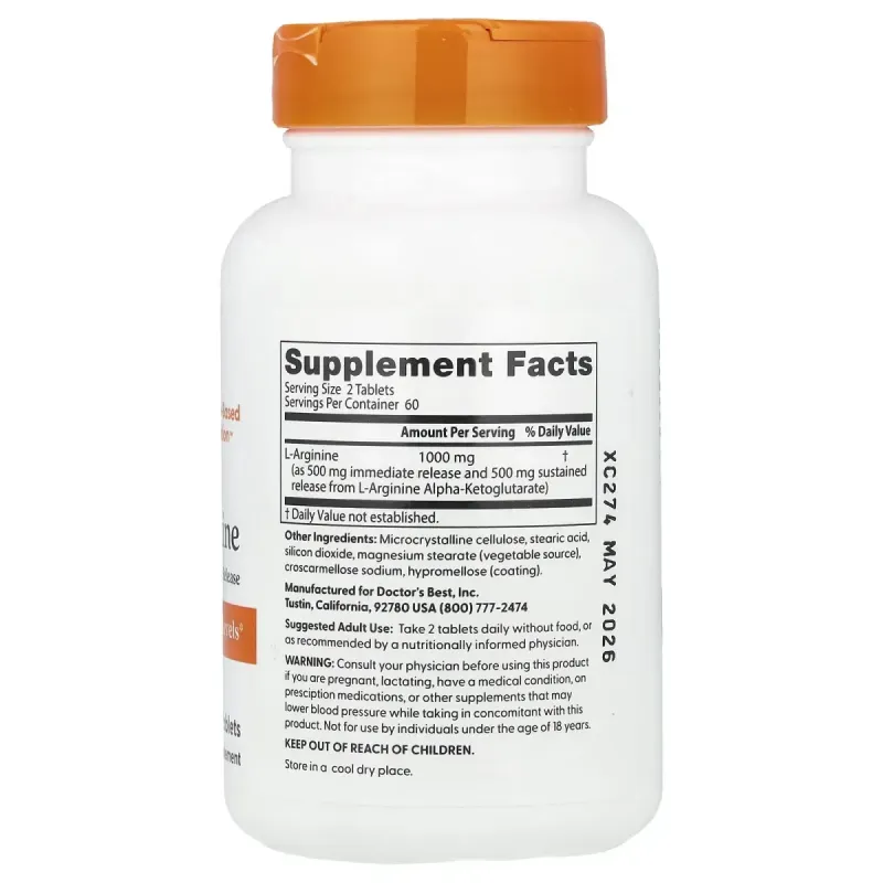 L-аргинин с длительным высвобождением и немедленным высвобождением, Doctor's Best, 500 мг, 120 таблеток с двойным слоем