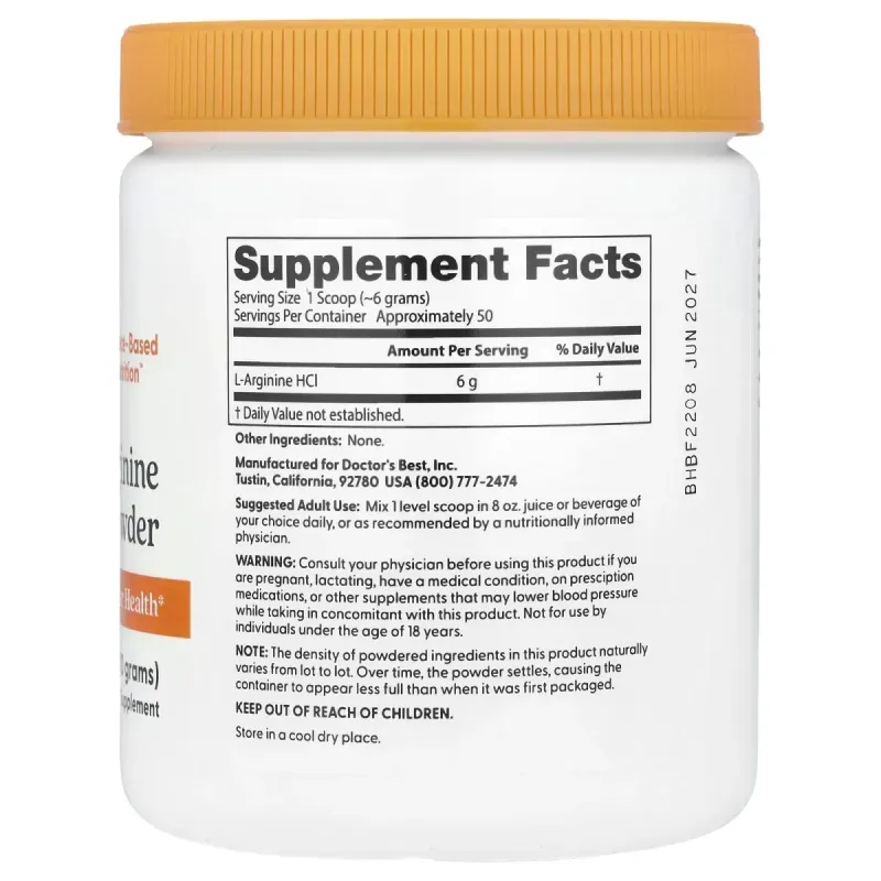 Чистый порошок L-аргинина, Pure L-Arginine Powder, Doctor's Best, 10,6 унций (300 г)