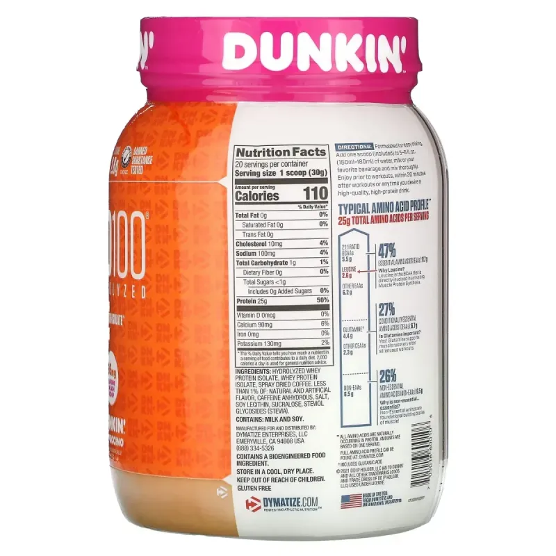 Dymatize, ISO100® Hydrolyzed, 100% Whey Protein Isolate, Dunkin’™ Cappuccino, 21.8 oz (610 g)
