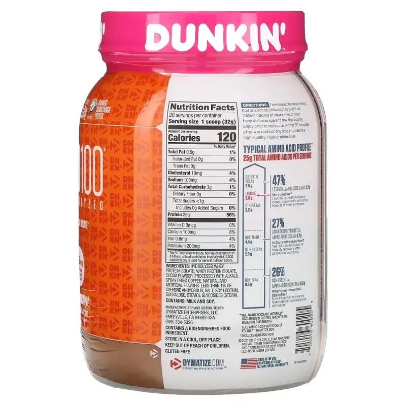Dymatize, ISO100® Hydrolyzed, 100% Whey Protein Isolate, Dunkin’ Mocha Latte, 1.4 lb (650 g)