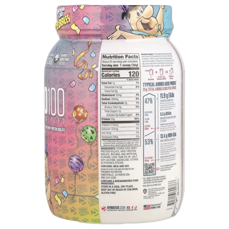 Dymatize, ISO100® Hydrolyzed, 100% Whey Protein Isolate, Pebbles™ Birthday Cake, 1.34 lbs (610 g)