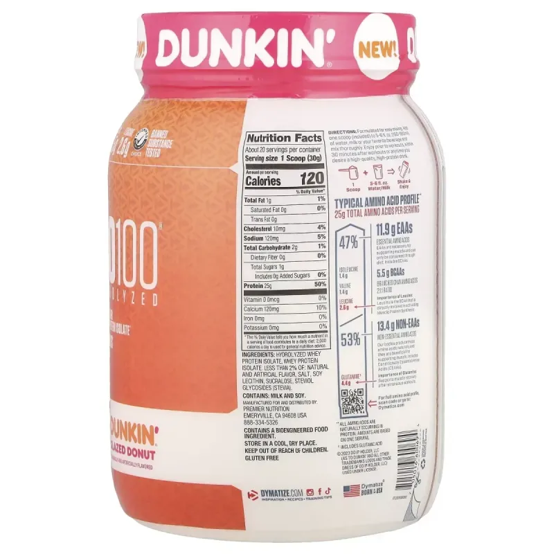 Dymatize, ISO100® Hydrolyzed, 100% Whey Protein Isolate, Dunkin® Glazed Donut, 1.34 lb (610 g)