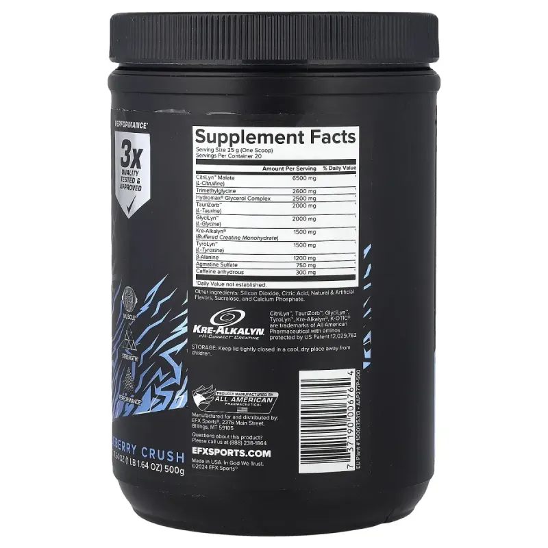 EFX Sports, предтренировочный комплекс K-otic®, со вкусом голубики, 500 г (1 фунт, 1,64 унции)