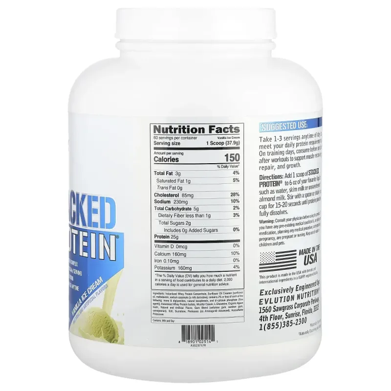 EVLution Nutrition, Stacked Protein® Powder, Vanilla Ice cream, 5 lb (2,268 kg)