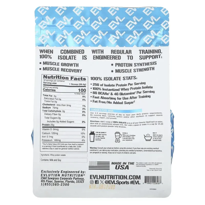 EVLution Nutrition, 100% Isolate Protein, Unflavored, 1 lb (454 g)