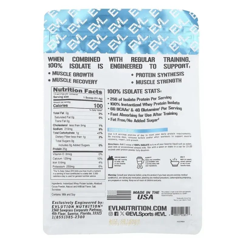 EVLution Nutrition, 100% Isolate Protein, Double Rich Chocolate, 1 lb (454 g)