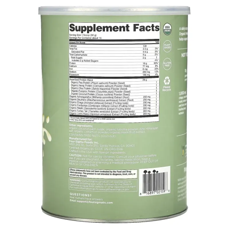 Суперпродукт протеїн, відновлення з протеїном і грибами, Four Sigmatic, 480 г