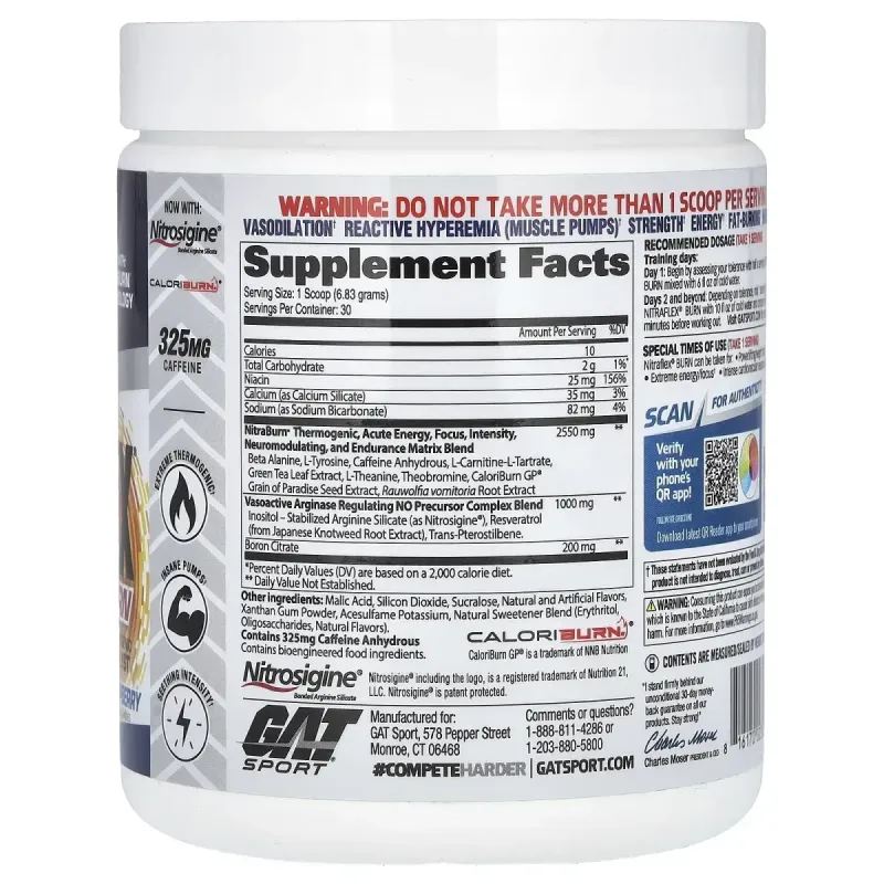 GAT, NITRAFLEX Burn, синя малина, 204,9 г (7,23 унції)