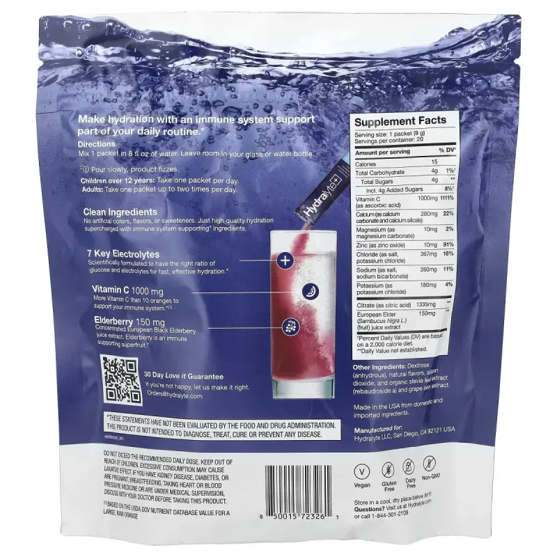 Hydralyte, Hydralyte Plus+, шипучий електролітний порошок, ягоди, 20 пакетиків по 9 г (0,31 унції)