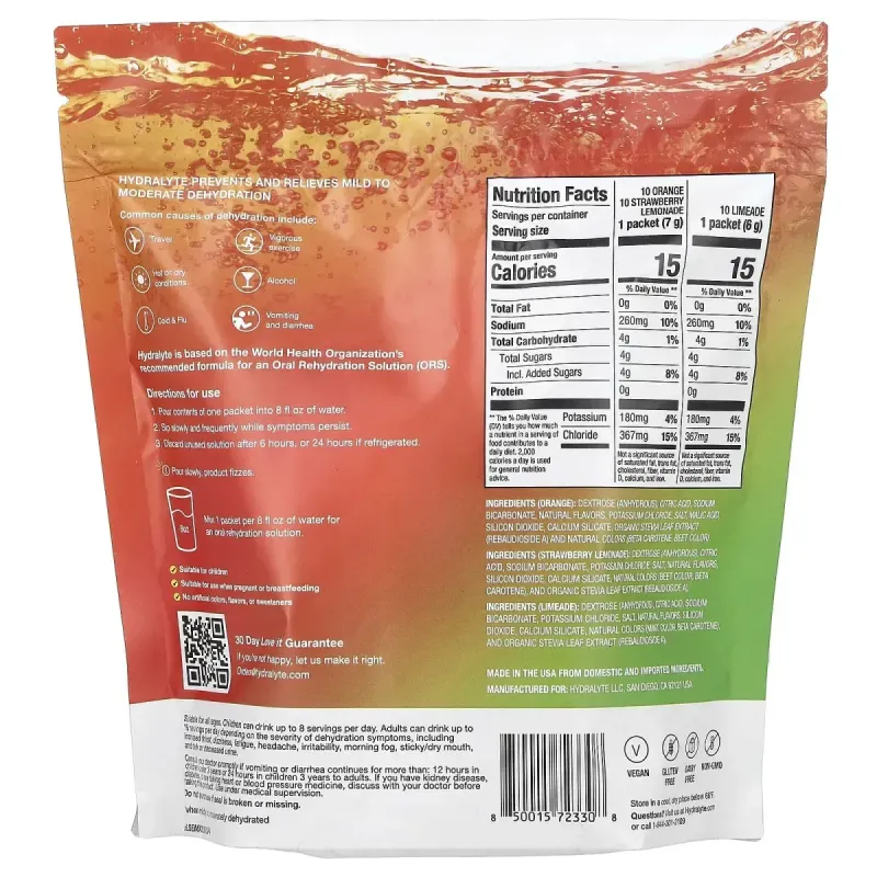 Hydralyte, шипучий електролітний порошок, різноманітна упаковка, апельсин, полуничний лимонад і лаймад, 30 пакетиків