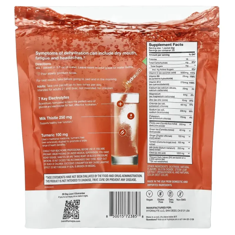 Hydralyte, Hydralyte Plus+, шипучий електролітний порошок, червоний апельсин та імбир, 20 пакетиків по 9 г (0,32 унції)