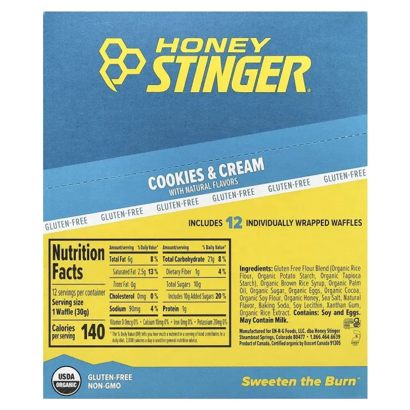 Honey Stinger, Energy Waffle, Cookies & Cream, 12 Waffles, 1.06 oz (30 g) Each