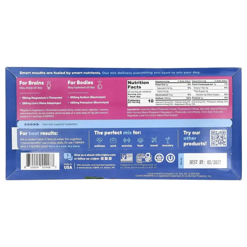 IQBAR, IQMIX®, суміш для зволоження, чистоти й настрою, лохина й гранат, 20 палички по 8 г (0,28 унції)