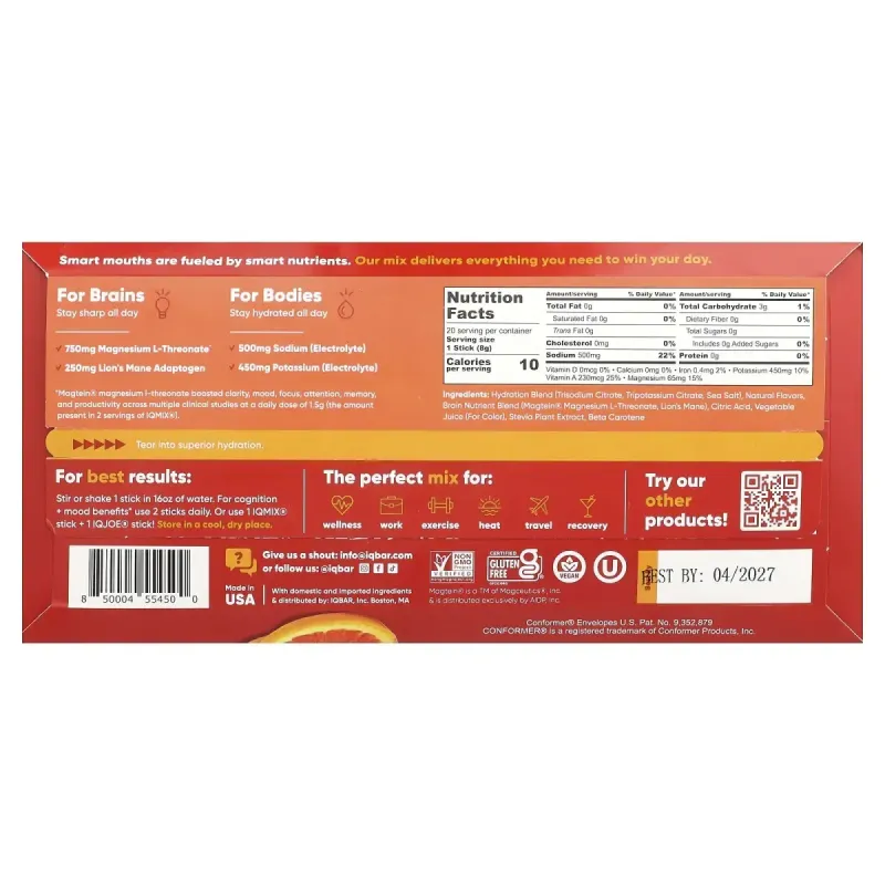 IQBAR, IQMIX®, суміш для зволоження, чистоти й настрою, червоний апельсин, 20 шт. в таблетках по 8 г (0,28 унції)