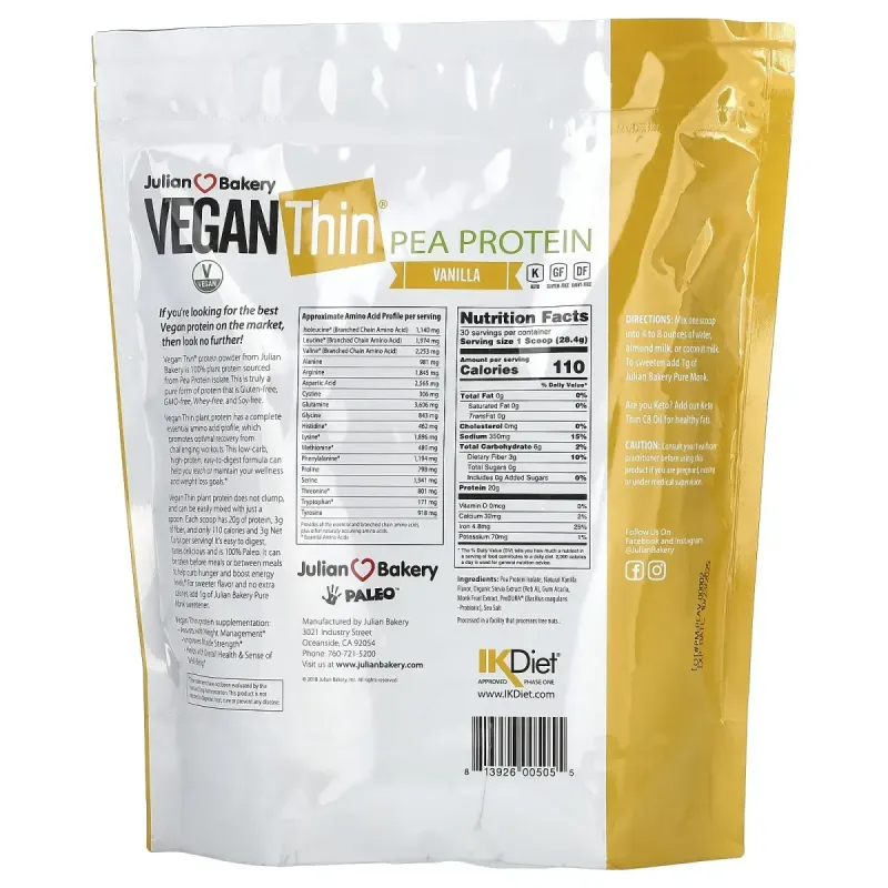Julian Bakery, Vegan Thin, Pea Protein, Vanilla, 1.88 lbs (852 g)