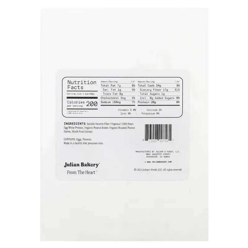 Julian Bakery, Egg White Protein Bar, Peanut Butter, 12 Bars, 60 g Each