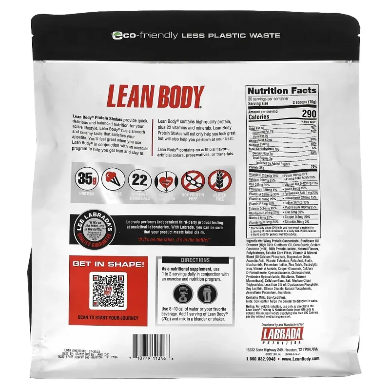 Lean Body, высокопротеиновый котейль, заменитель пищи, ваниль, Labrada Nutrition, 4,63 фунта (2100 г)