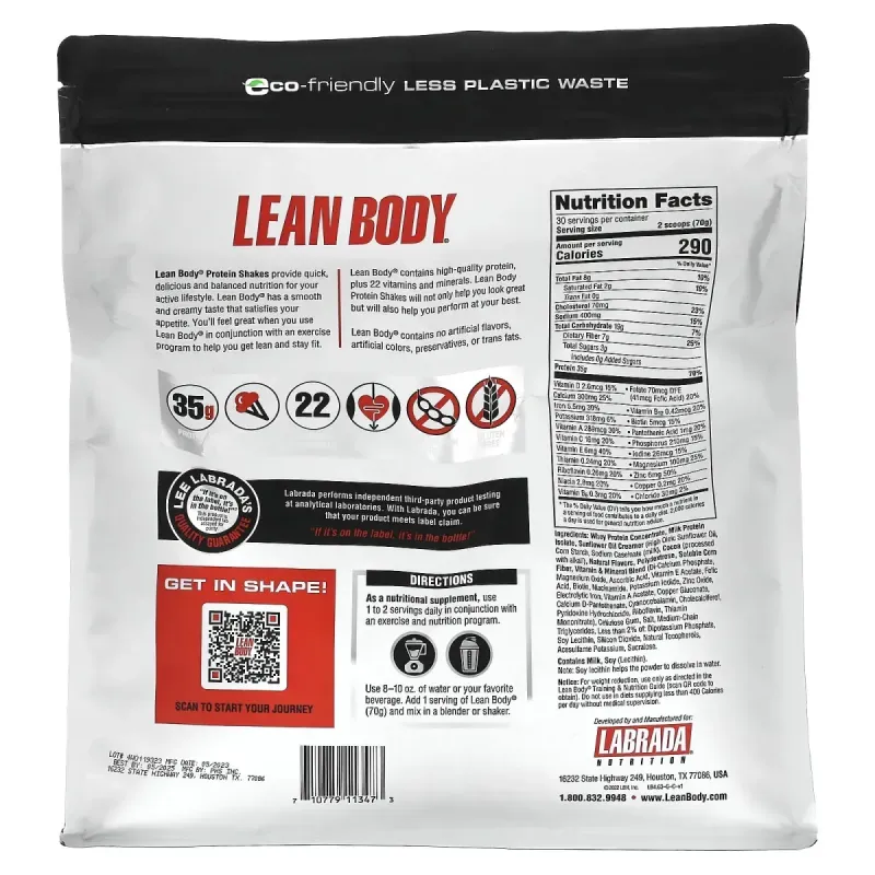 Lean Body, высокопротеиновый коктейль, заменитель пищи, шоколад, Labrada Nutrition, 4,63 фунта (2100 г)