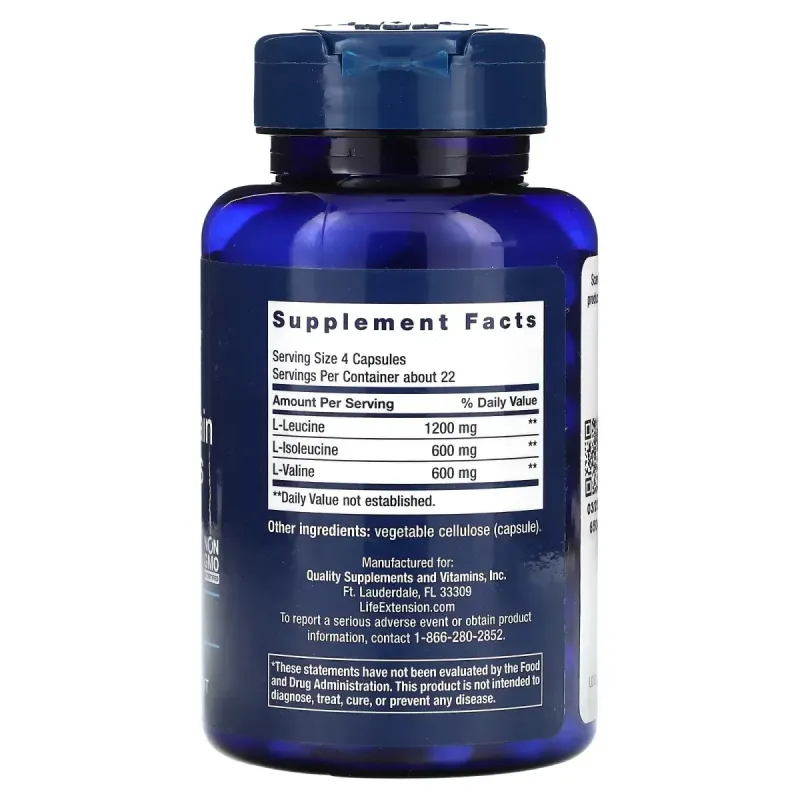 БЦАА, BCAA, амінокислоти з розгалуженим ланцюгом, Branched Chain Amino Acids, Life Extension, 90 капсул