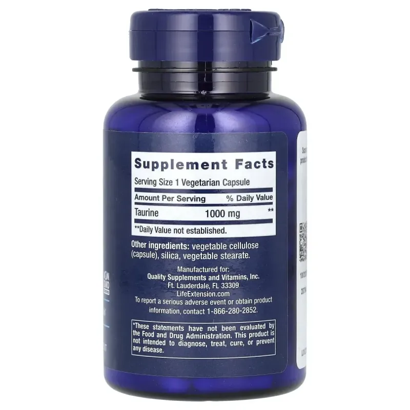 Таурин, Taurine, Life Extension, 1000 мг, 90 вегетаріанських капсул