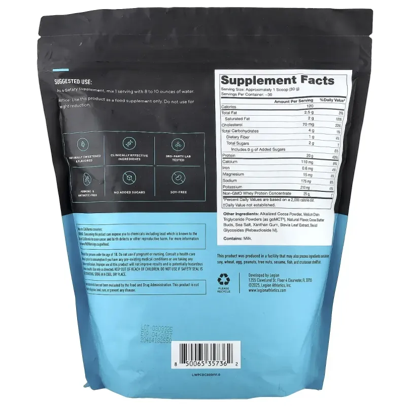Legion Athletics, сывороточный концентрат, сывороточный протеиновый порошок, голландский шоколад, 915 г (2,02 фунта)