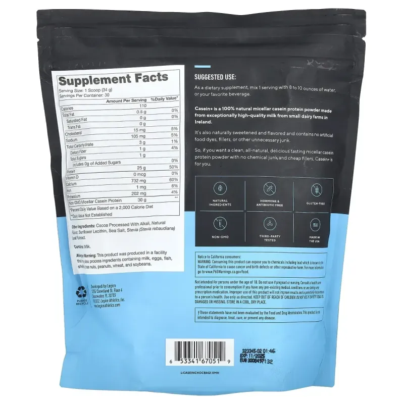 Legion Athletics, Casein+, Casein Protein Powder, Dutch Chocolate, 2.25 lbs (1,020 g)