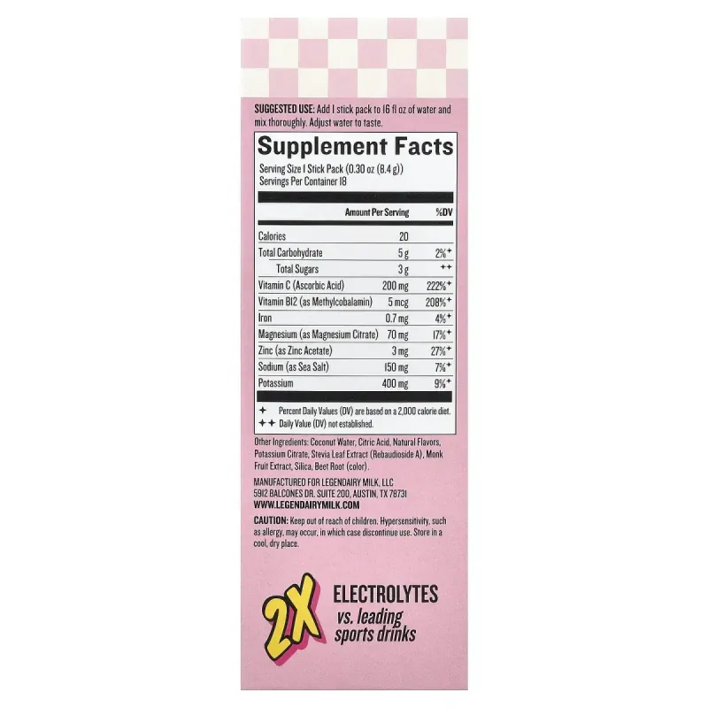 Legendairy Milk, She's Thirsty®, смесь электролитов с кокосовой водой, со вкусом клубничного лимонада (коробка), 18 стиков по 8,4 г (0,3 унции)