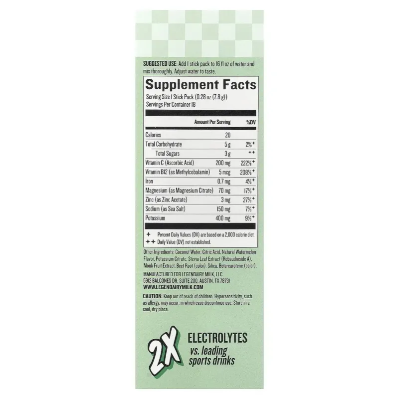Legendairy Milk, She's Thirsty®, смесь электролитов с кокосовой водой, арбуз (коробка), 18 пакетиков-стиков по 7,8 г (0,28 унции)