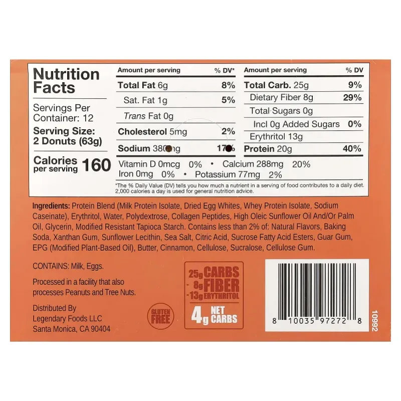 Legendary Foods, Protein Donuts, Cinnamon Crumble, 12 Packs, 2.2 oz (63 g) EachLegendary Foods — протеиновые пончики